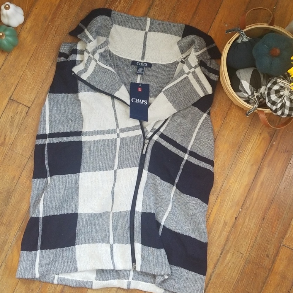 *NWT* Chaps asymmetrical navy plaid zip up sweater